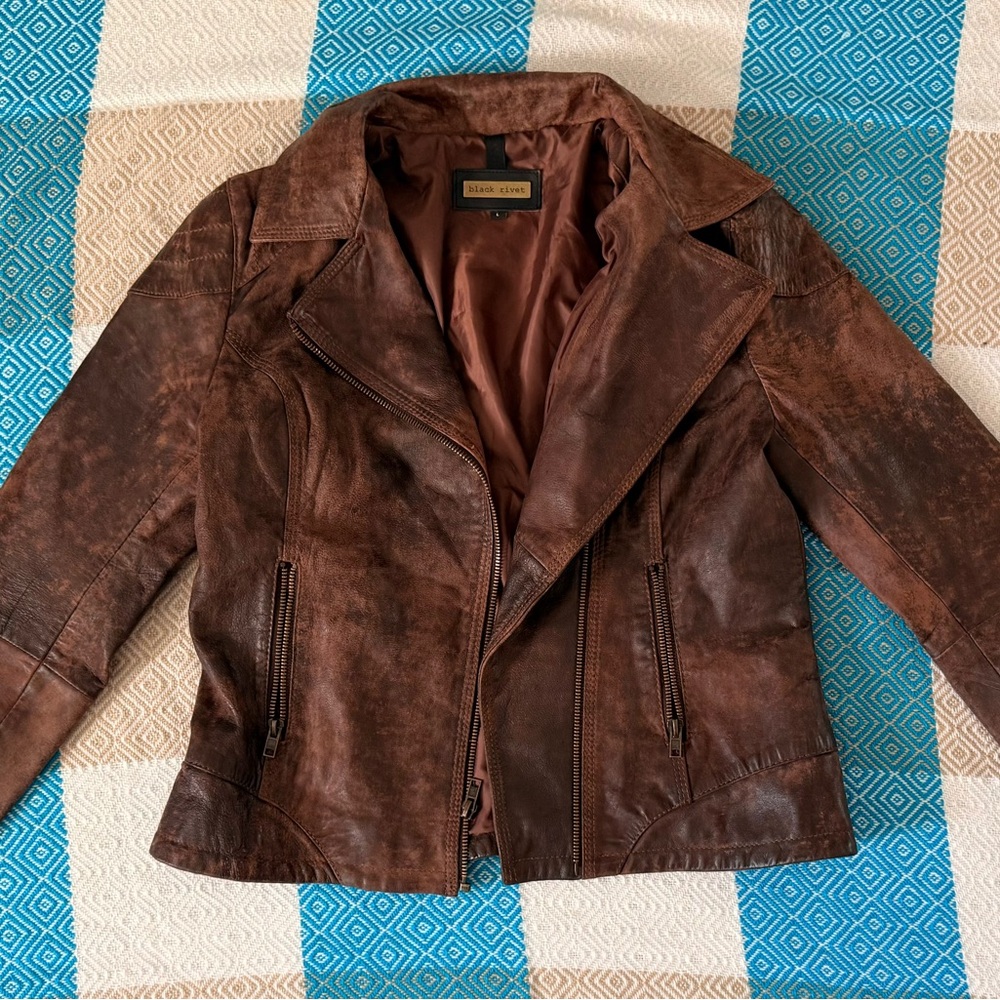 Black Rivet Distressed Brown Leather Jacket